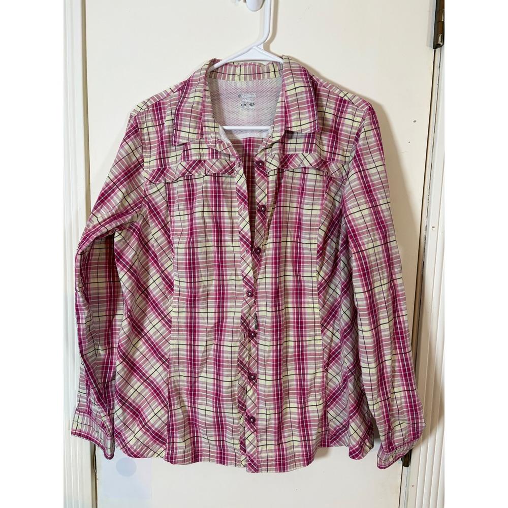 Columbia Womens XL Pink Yellow Plaid Long Sleeve Ventilated Hiking Shirt Pockets